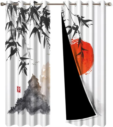 Miniatura 173 de Cortinas japonesas con pintura de tinta, monte Fuji, sol rojo, puesta de sol, hojas de bambú, cortinas de ventana para dormitorio, sala de estar