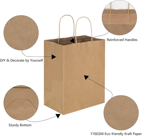 Miniatura 3 de Toovip Paquete de 100 bolsas de papel kraft de 8 x 4.75 x 10 pulgadas, medianas de color marrón liso con asas, a granel, bolsas de envoltura