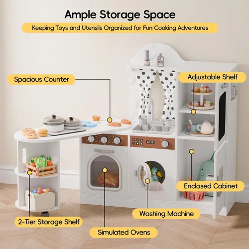 Miniatura 5 de Estación de trabajo de juego de cocina de madera con diseño giratorio de 180°, juego de cocina para niños con luces y sonidos interactivos, juego