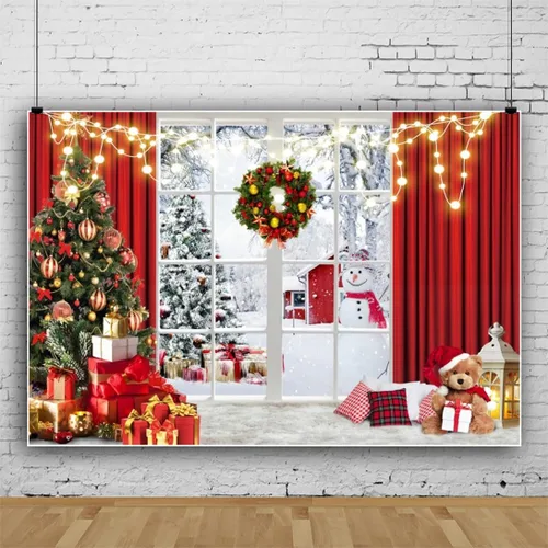 Miniatura 2 de Laeacco Telón de fondo de poliéster de 5 x 3 pies con ventana de Navidad, escenario de fotografía, árboles de Navidad, regalos, luces con purpurina