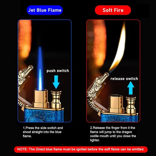 Miniatura 2 de Encendedor de antorcha, diseño de cocodrilo en relieve, encendedor mágico de doble llama con herramienta de llama de ajuste, encendedores de butano