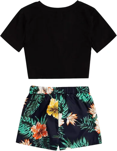 Miniatura 2 de OYOANGLE Conjunto de 2 piezas de verano para niña con parte delantera torcida y pantalones cortos con cinturón floral