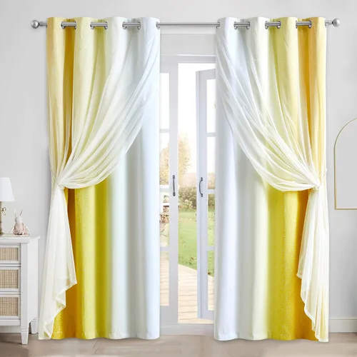 Miniatura 33 de Cortinas 100% opacas con superposición de gasa Mix and Match de doble capa, 54 pulgadas de largo, 2 paneles para dormitorio y sala de estar, azul