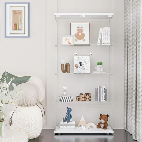 Miniatura 11 de FANYUSHOW Vitrina de cristal con doble puerta y cerradura, estilo de instalación rápida, gabinete Curio de 4 estantes de vidrio templado de 5mm