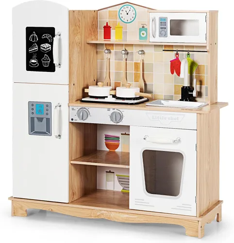 Miniatura 8 de Costzon Juego de cocina para niños, cocina de juguete de madera con luz y sonido, microondas, máquina de hielo, horno, fregadero y grifo, accesorios