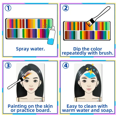 Miniatura 5 de Kit de pintura facial de 8.47 oz de tortas divididas arco iris, paleta de pintura facial profesional para niños y adultos con purpurina, plantillas