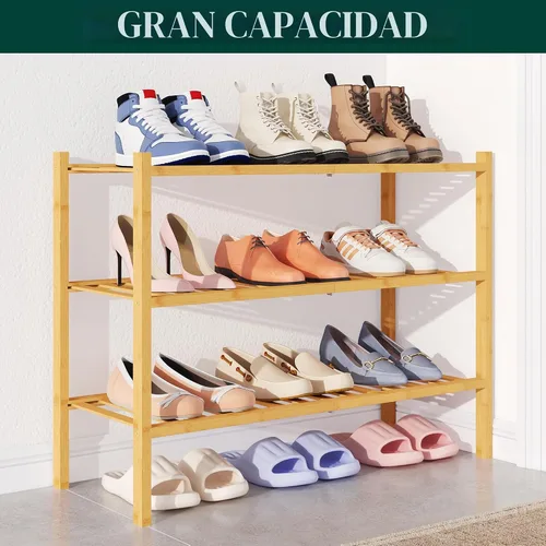 Miniatura 5 de Smiry Zapatero de bambú para armario, organizador de zapatos apilable de 3 niveles, estante de almacenamiento de zapatos independiente para entrada