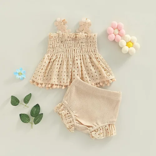 Miniatura 163 de TheFound Trajes de verano para niñas pequeñas, sin mangas, de punto acanalado, halter, pantalones cortos, ropa para recién nacidos, conjunto de 3