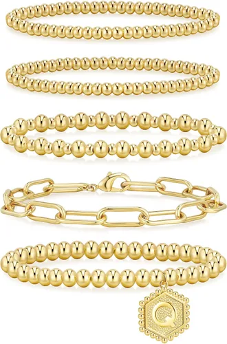 Miniatura 40 de adoyi - Pulseras de oro para mujer, impermeables, con cuentas de bolas chapadas en oro de 14K, pulseras ajustables apilables para regalos