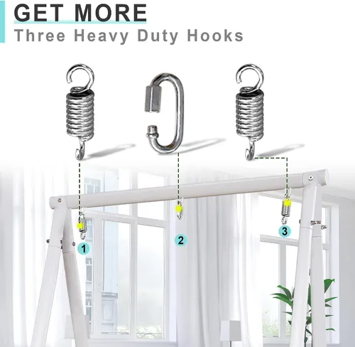 Miniatura 4 de YOXIFOC Base reforzada y soporte de hamaca de estructura triangular con 2 cestas de almacenamiento, soporte de columpio con 3 ganchos para la Blanco