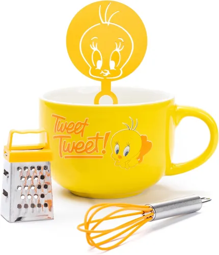 LOONEY TUNES Juego de regalo de la cocina del hogar de la taza del capuchino de Tweety amarillo de la plantilla de la taza de la