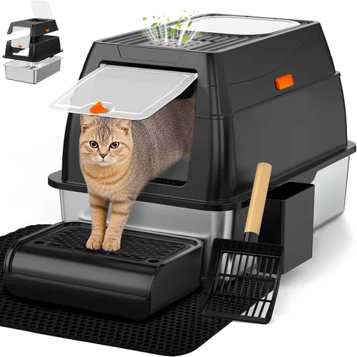 Vivifying Caja de Arena de Acero Inoxidable con Tapa, Entrada Frontal XL Cerrada Caja de Arena Extra Grande para Gatos Grandes y Gatitos, Bandeja de