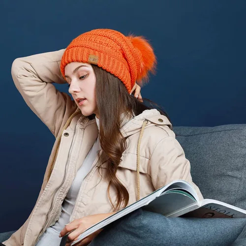 Miniatura 4 de REDESS - Gorro de invierno con pompón y forro polar para mujer, grueso, diseño de calavera
