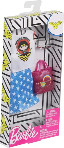 Miniatura 3 de Barbie Ropa: Muñeca con traje de mujer maravilla con parte superior gráfica, falda con estampado de estrellas, bolso y gafas de sol, regalo