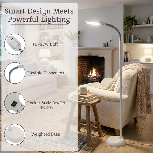 Miniatura 3 de Bedford Home Lámpara de pie - Lámpara de luz solar natural de espectro completo con cuello flexible - Luz de lectura, manualidades, estudio y Blanco