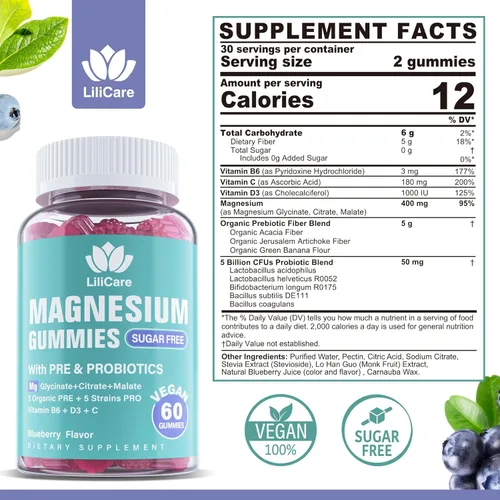 Miniatura 2 de Gomitas de complejo de magnesio de 400 mg para mujeres y hombres con prebióticos y probióticos, suplemento de gomita de citrato de glicinato
