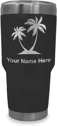 Miniatura 32 de LaserGram Vaso aislado al vacío de 20 onzas, palmeras, grabado personalizado incluido (negro)
