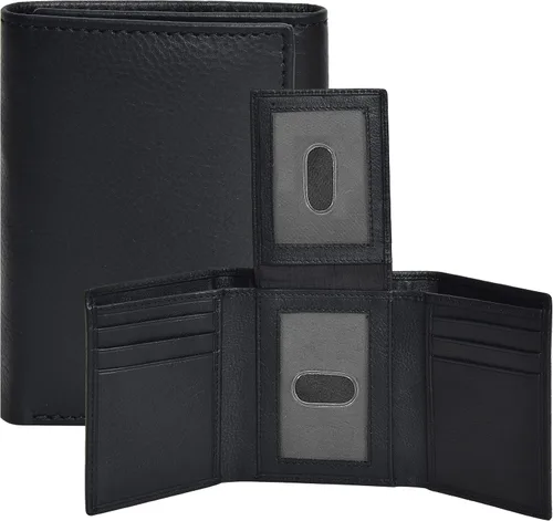 Billetera triple de cuero real para hombres - Carteras RFID delgadas 9 tarjetas de crédito titular 2 compartimentos de identificación regalo para