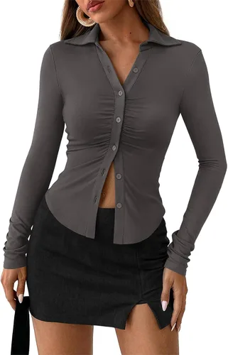 Miniatura 7 de PRETTYGARDEN - Camisas con botones para mujer, cuello en V, cuello abotonado, ajustadas, manga larga, camisa casual, moda de otoño, tops para damas