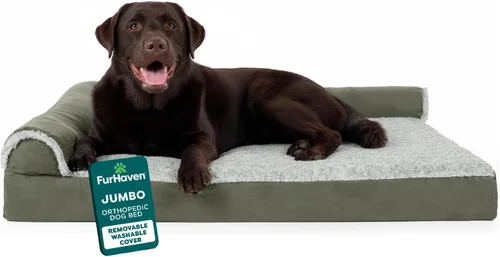 Miniatura 24 de Furhaven - Cama ortopédica de espuma para perros, de piel sintética y gamuza, en forma de L, en dos tonos estilo caja de huevos, color gris piedra