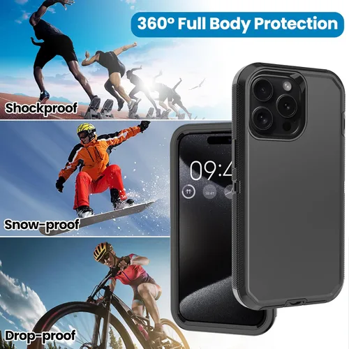 Miniatura 6 de Funda para iPhone 15 Pro Max con 2 protectores de pantalla, protección contra caídas a prueba de golpes, cuerpo completo, resistente, 3 capas, Negro