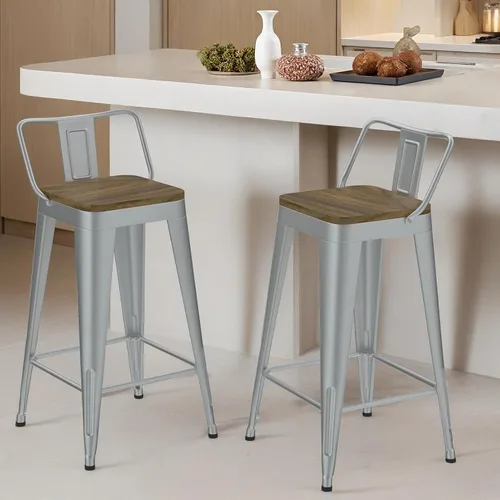 Miniatura 13 de Juego de 4 taburetes de bar de metal, taburetes de bar con respaldo alto con asiento de madera, taburetes de bar negros de 24 pulgadas para isla