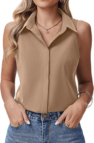 Miniatura 14 de HOTOUCH Camisas sin mangas con botones ocultos para mujer, frente con botones ocultos, cuello, blusas casuales elegantes holgadas para oficina