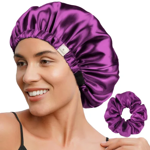 YANIBEST Gorro de satén ajustable de doble capa para dormir, gorra para el cabello para mujeres con cabello rizado natural, color púrpura