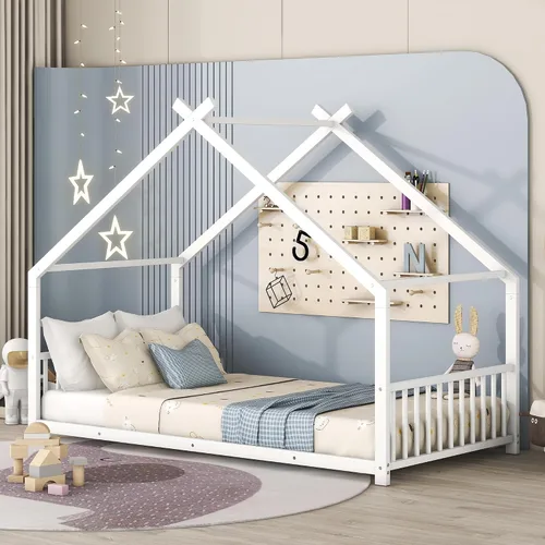 Miniatura 13 de Lakifun Casa de juegos de cama de metal de tamaño individual con barandillas de techo y valla para niños y niñas, marco de toldo Montessori de suelo