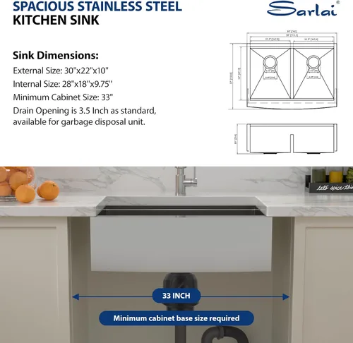 Miniatura 5 de Sarlai Fregadero de Cocina de Granja de Doble Tazón de Acero Inoxidable de 30 - Fregadero de Cocina de 30 x 22 pulgadas con Frente de Delantal