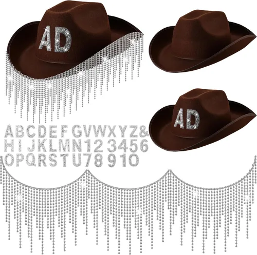 Sombrero de vaquera con flecos de diamantes de imitación, sombrero de vaquero de diamantes con borla brillante alfabeto y número para disfraz de