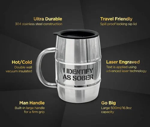 Miniatura 2 de GALVANOX Taza de cerveza aislada de acero inoxidable con asa y tapa para sorber (para Navidad/cumpleaños/día del padre) I Identify As Sober