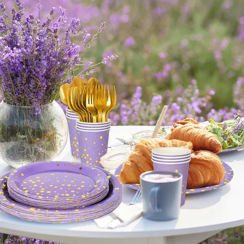 Miniatura 7 de Whaline Juego de vajilla de lavanda de 175 piezas de papel de aluminio morado con puntos dorados, platos de papel, servilletas y tazas para 25