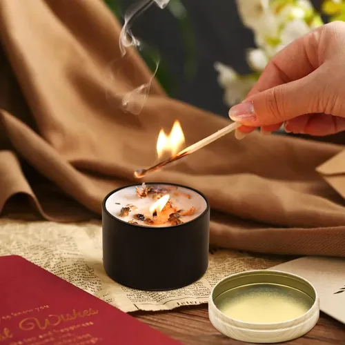 Miniatura 5 de Paquete de 12 tarros de velas, latas de velas de 4 onzas con tapas de impresión de grano de madera de metal, tarros de velas de metal vacíos