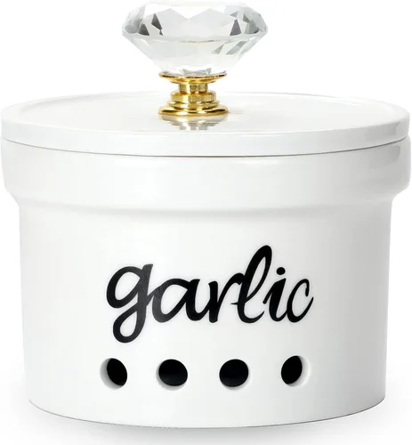 Soporte de ajo con tapa de cristal, contenedor de ahorro de ajo de cerámica de 12.5 oz para encimera, decoración de cocina de estilo granja (Oro)