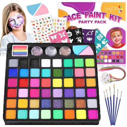 Miniatura 13 de Maydear Kit de Pintura Facial para Niños, Paleta de Maquillaje a Base de Agua de 32 Colores con Plantillas, Brillos, Pastel de Arcoíris Dividido