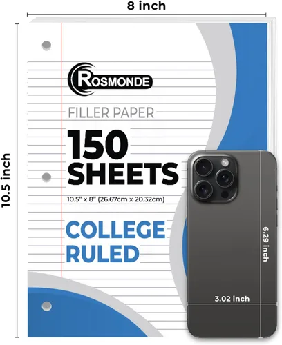Miniatura 3 de Rosmonde Papel de hojas sueltas, 450 hojas, paquete de 3, papel rayado universitario, 8 x 10.5 pulgadas, papel de relleno de oficina a granel, 3