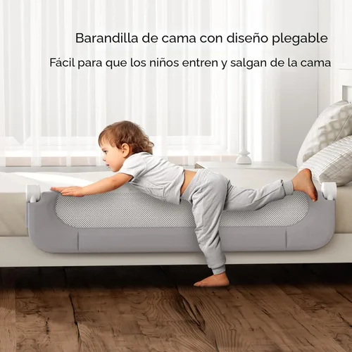 Miniatura 3 de UPGOGO Barandilla de cama plegable para niños, barandilla de cama para bebé con sistema de seguridad de anclaje reforzado, se adapta a literas, Gris