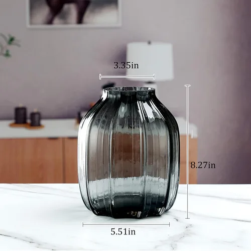 Miniatura 3 de Jarrón de vidrio negro gris para flores, jarrones altos de vidrio gris oscuro, H-8.0" diseño de rayas simples para decoración de piso del hogar, B