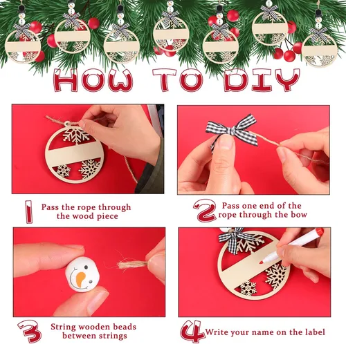 Miniatura 3 de Vellibring 18 piezas etiquetas de nombre de Navidad con cuentas de madera de copo de nieve y muñeco de nieve, lazos a cuadros de búfalo etiquetas