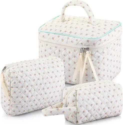 Miniatura 14 de Paterr Juego de 3 bolsas de maquillaje acolchadas grandes de algodón para mujer, bolsa organizadora de artículos de tocador de viaje para Azul