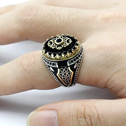 Miniatura 5 de Qida S925 Stamp Sterling Silver OnyxLapis Lazuli Ring for Men Female Turkish Handmade Vintage Luxury Band