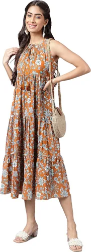 Miniatura 3 de Janasya Vestido escalonado con estampado floral digital de musgo marrón para mujer