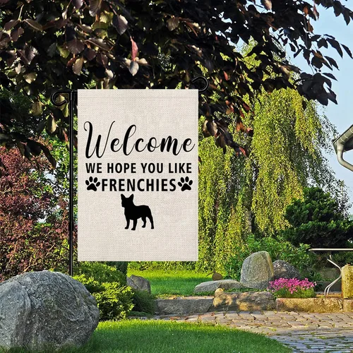 Miniatura 3 de PWHAOO Bandera de jardín de Frenchie Bandera de bulldog francés, bandera de bienvenida con texto en inglés "Welcome We Hope You Like Frenchies F