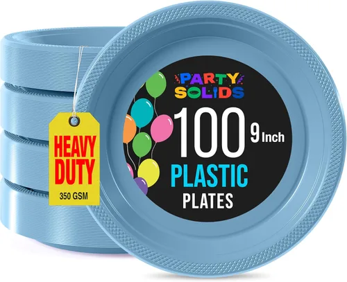 Miniatura 34 de Exquisitos platos de plástico rojo Party Solids para fiesta, platos desechables rojos de 9 pulgadas, juego de vajilla de plástico resistente, 100