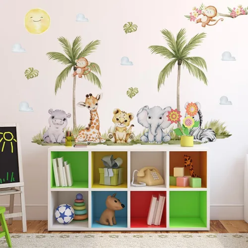 Miniatura 5 de Calcomanías de pared de animales de acuarela de 56.29 x 44.88 pulgadas, calcomanías de animales de selva, tigre, elefante, cebra, jirafa, mono