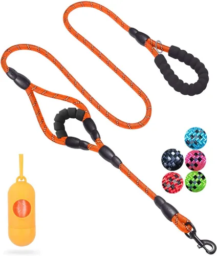 Miniatura 17 de JSXD Correa resistente de doble asa para perro, 5 pies, acolchada y reflectante, cuerda para perros pequeños a grandes (negro)