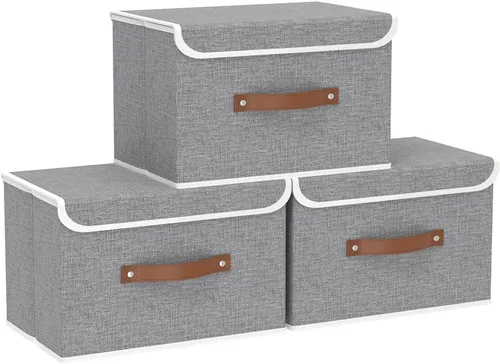 Miniatura 44 de Yawinhe SNK024BEN-1 Cajas de almacenamiento plegables, cestas apilables de tela de lino, contenedor con tapa y asa de cuero, lavable, para el hogar