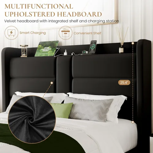Miniatura 3 de SHA CERLIN Base de cama tapizada tamaño Queen con estante de almacenamiento y estación de carga, cama moderna de plataforma de terciopelo con Negro