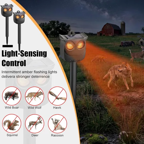 Miniatura 3 de Paquete de 2 repelentes solares de animales de búho al aire libre para mapache, ciervo y gato ardilla, modo de respiración solo nocturna, disuasorio